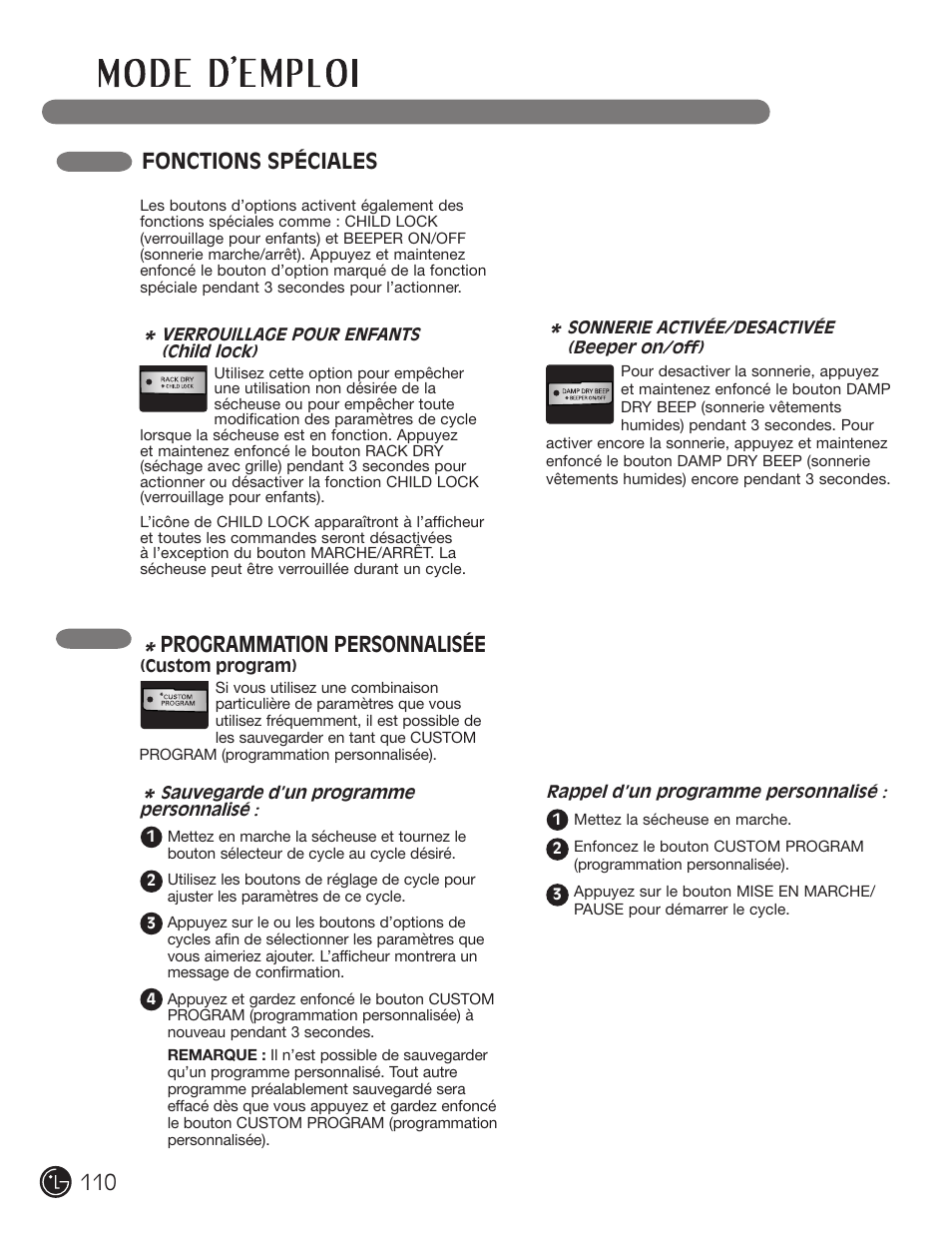 Programmation personnalisée, Fonctions spéciales | LG DLG2302W User Manual | Page 110 / 124