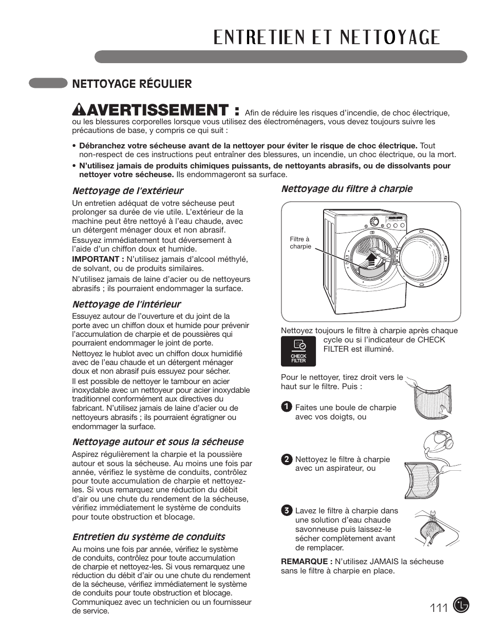 Wavertissement, Nettoyage régulier | LG DLG2302W User Manual | Page 111 / 124