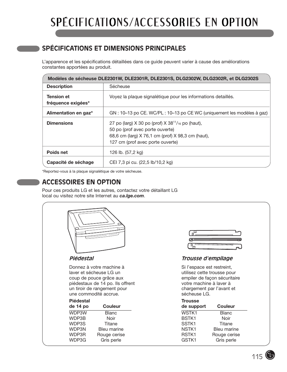 Spécifications et dimensions principales, Accessoires en option | LG DLG2302W User Manual | Page 115 / 124