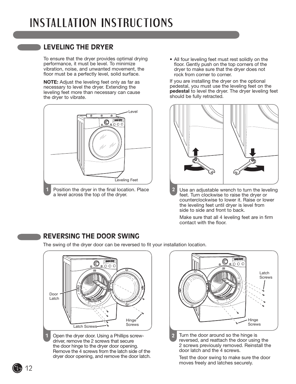 Leveling the dryer, Reversing the door swing | LG DLG2302W User Manual | Page 12 / 124
