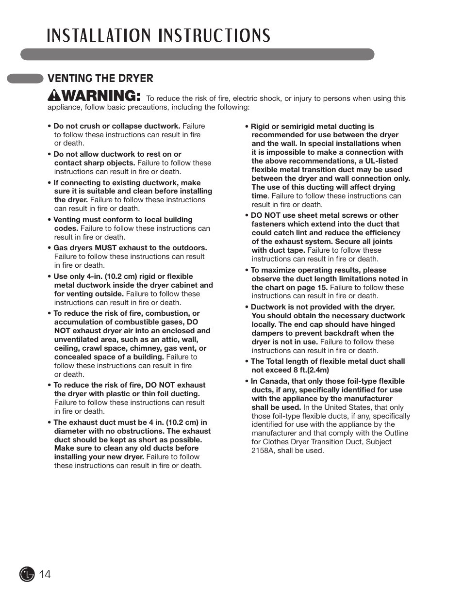 Wwarning, Venting the dryer | LG DLG2302W User Manual | Page 14 / 124