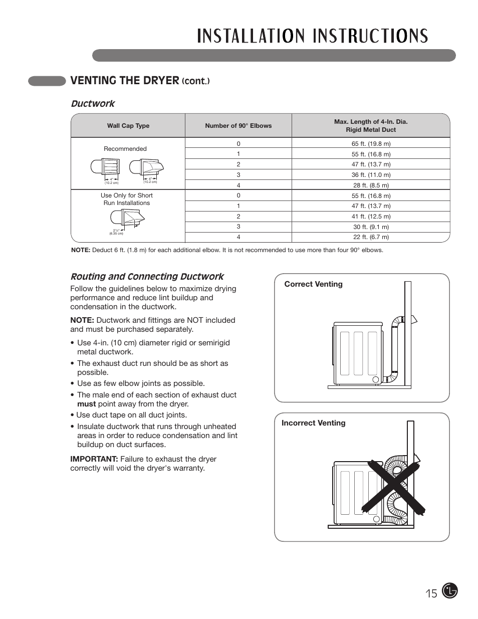 Venting the dryer, Routing and connecting ductwork, Cont.) | Ductwork | LG DLG2302W User Manual | Page 15 / 124