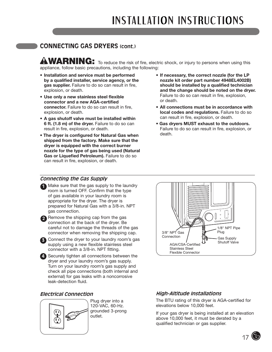 Wwarning, Connecting gas dryers | LG DLG2302W User Manual | Page 17 / 124