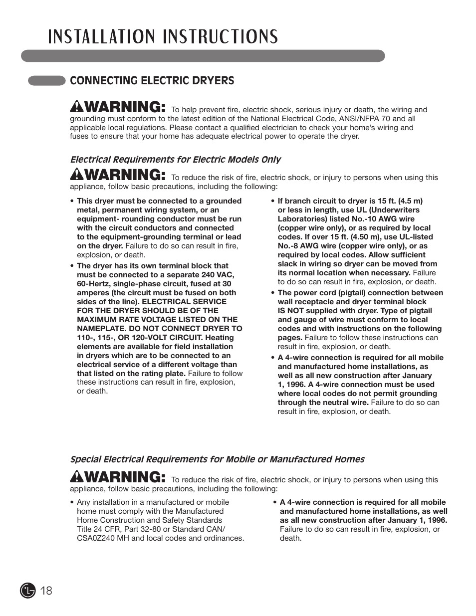 Wwarning, Connecting electric dryers | LG DLG2302W User Manual | Page 18 / 124