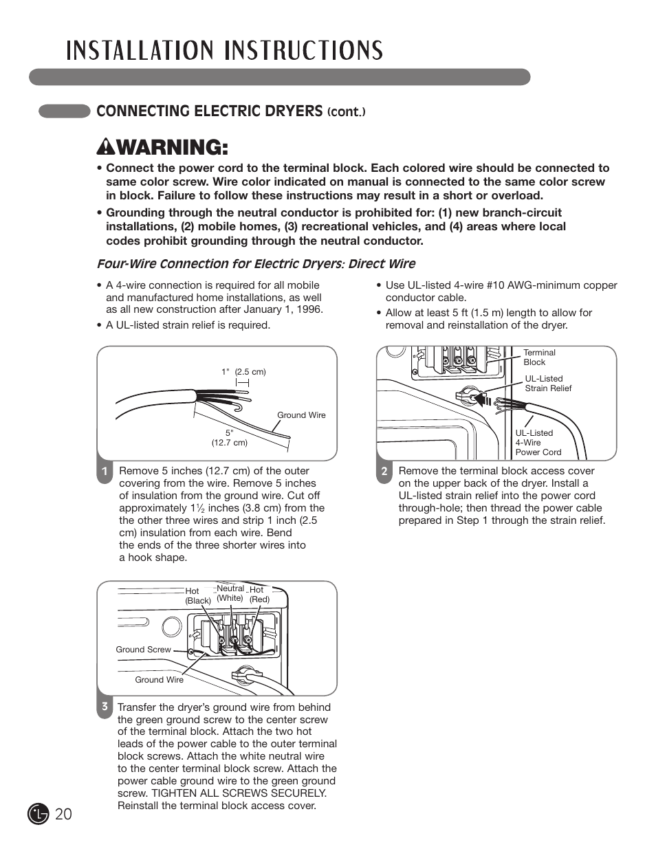 Wwarning, 20 connecting electric dryers | LG DLG2302W User Manual | Page 20 / 124