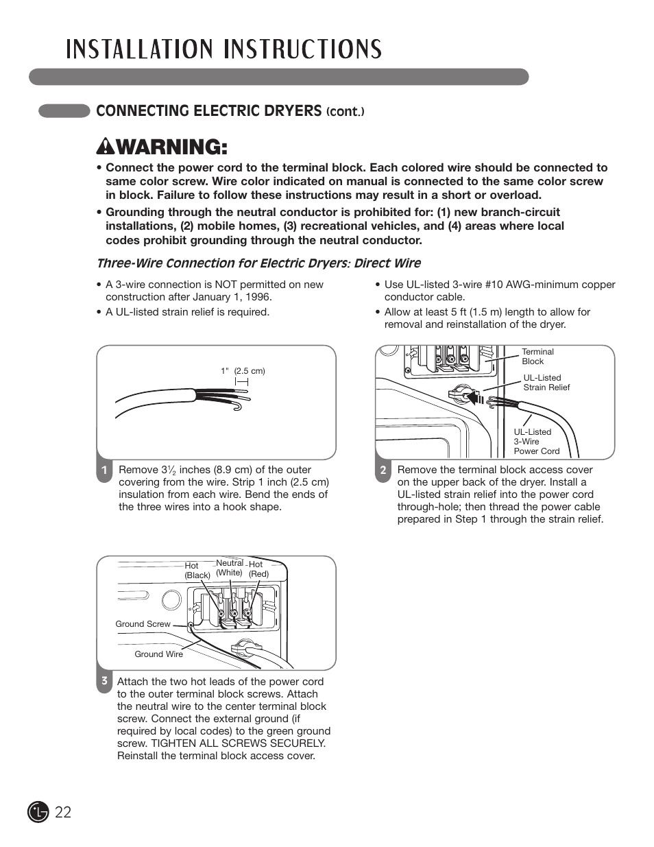 Wwarning, 22 connecting electric dryers | LG DLG2302W User Manual | Page 22 / 124