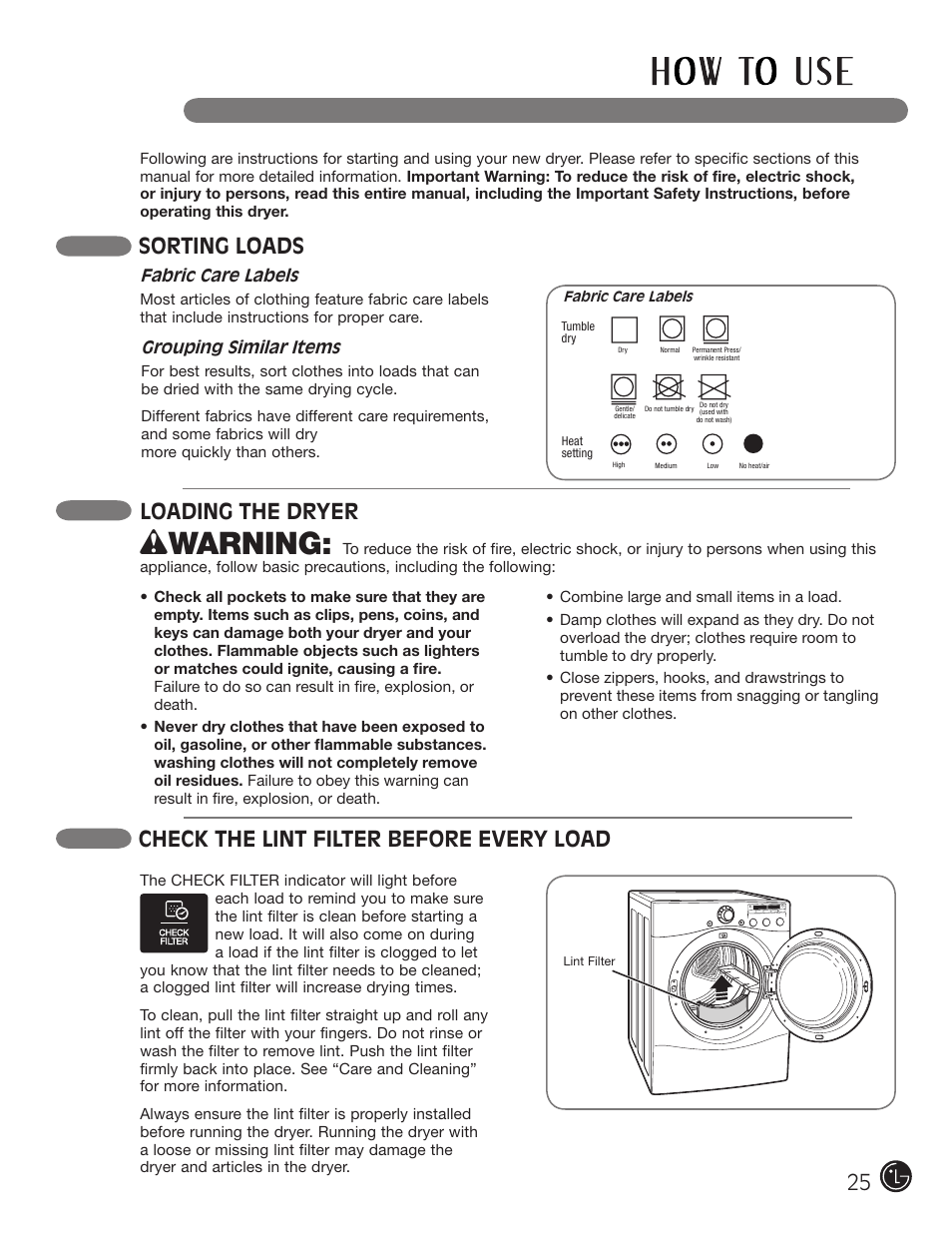 Wwarning, Sorting loads, Check the lint filter before every load | Loading the dryer | LG DLG2302W User Manual | Page 25 / 124