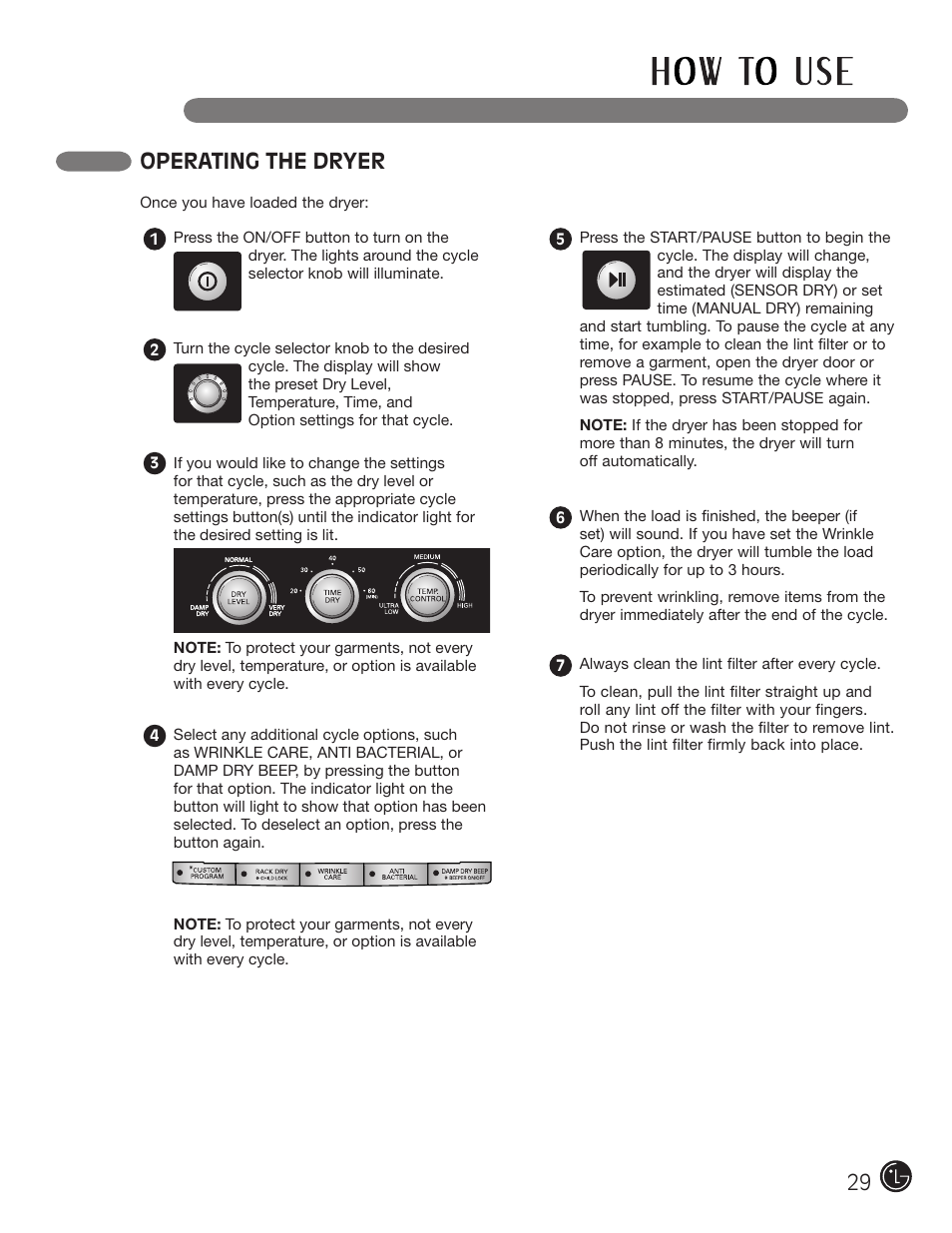 Operating the dryer | LG DLG2302W User Manual | Page 29 / 124