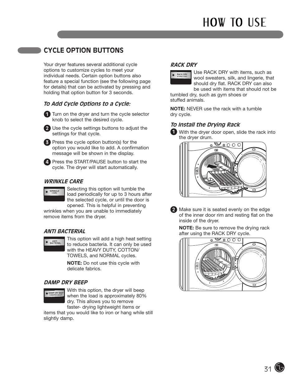 31 cycle option buttons, Cycle setting buttons | LG DLG2302W User Manual | Page 31 / 124
