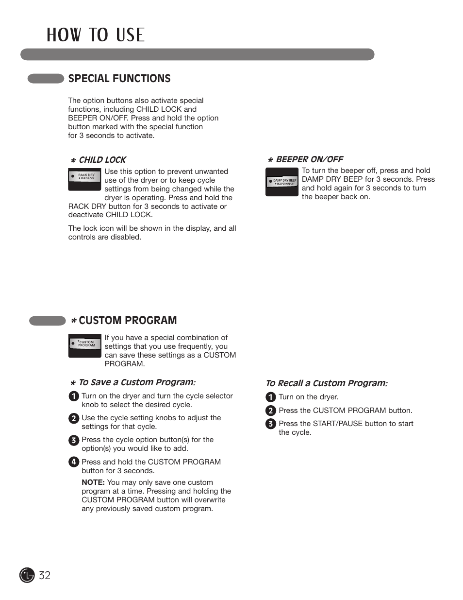 Wwarning, Regular cleaning, Special functions | Custom program | LG DLG2302W User Manual | Page 32 / 124