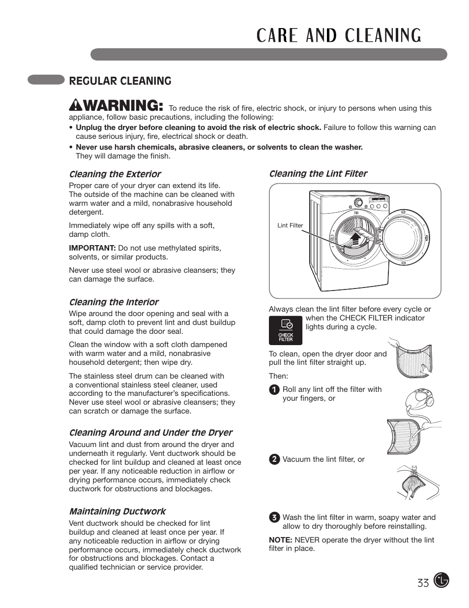 Wwarning, Regular cleaning, Special functions | Custom program | LG DLG2302W User Manual | Page 33 / 124