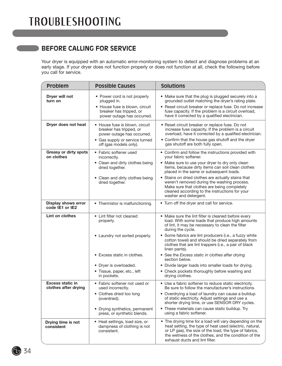 Before calling for service | LG DLG2302W User Manual | Page 34 / 124