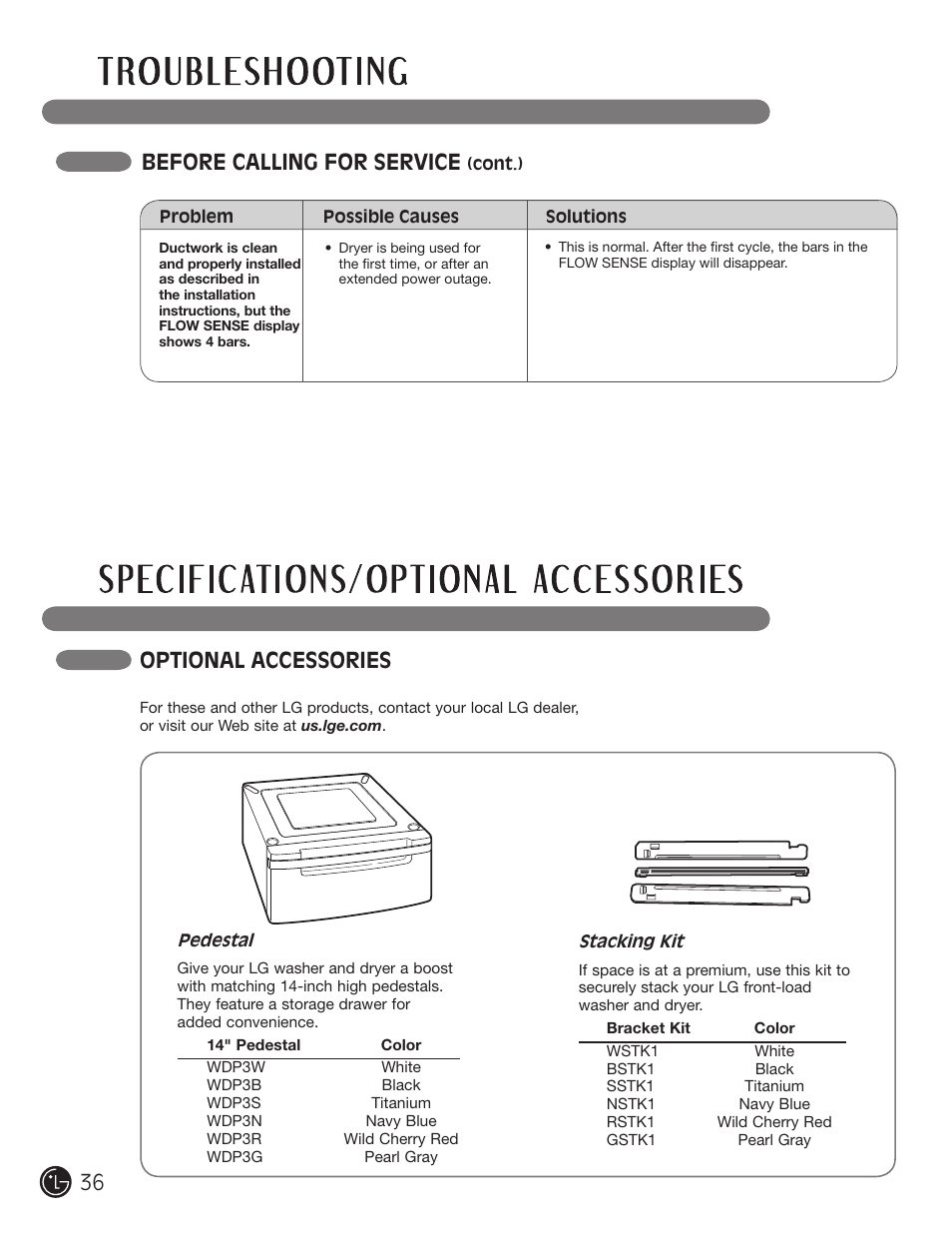 Optional accessories, Before calling for service | LG DLG2302W User Manual | Page 36 / 124