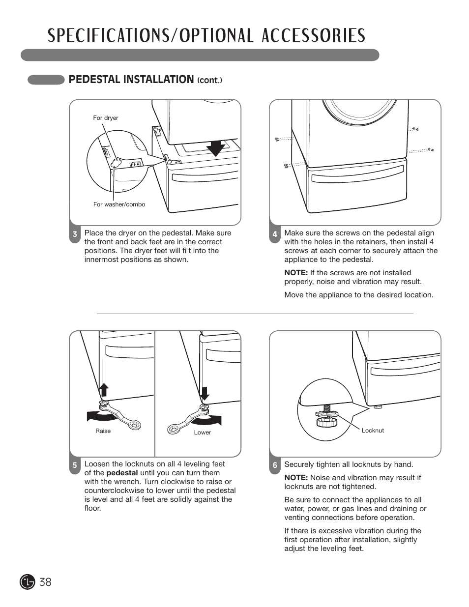 Pedestal installation | LG DLG2302W User Manual | Page 38 / 124