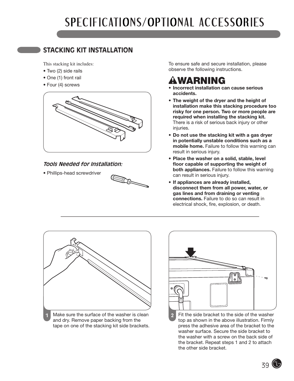 Wwarning, Stacking kit installation 39 | LG DLG2302W User Manual | Page 39 / 124