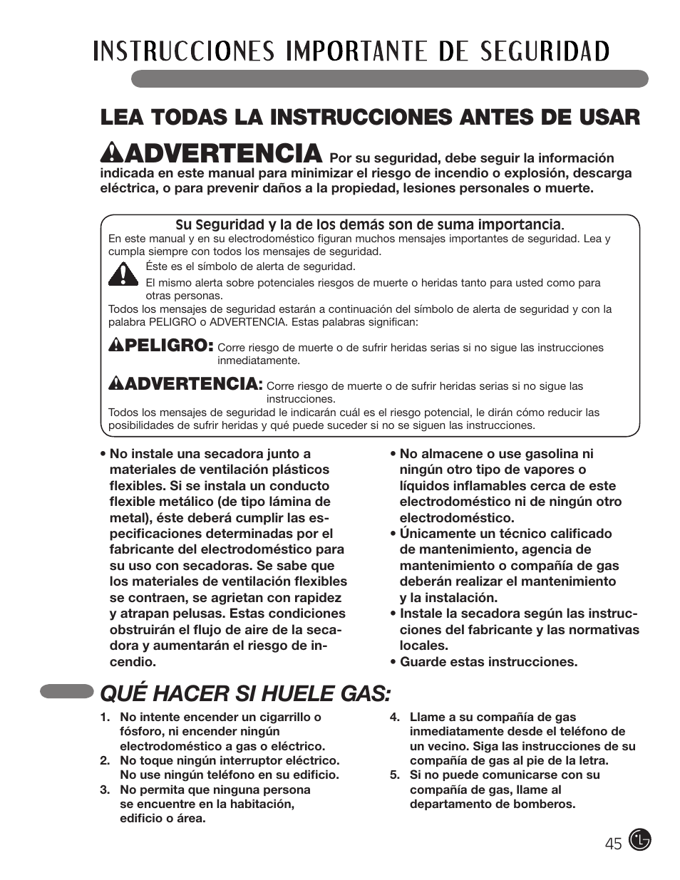 Lea todas la instrucciones antes de usar, Qué hacer si huele gas, Wpeligro | Wadvertencia | LG DLG2302W User Manual | Page 45 / 124