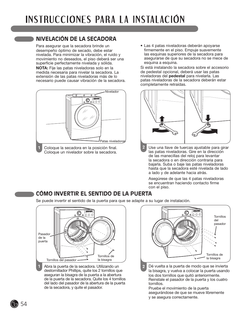 Nivelación de la secadora, Cómo invertir el sentido de la puerta | LG DLG2302W User Manual | Page 54 / 124
