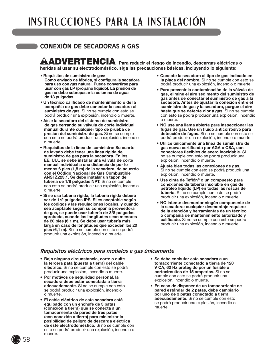 Wadvertencia, 58 conexión de secadoras a gas | LG DLG2302W User Manual | Page 58 / 124