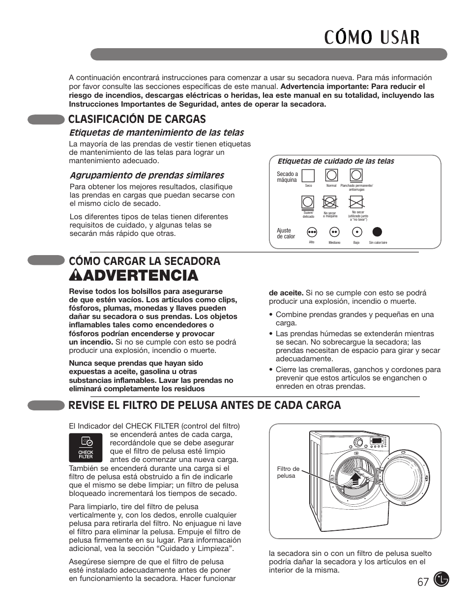 Wadvertencia, Cómo cargar la secadora, Clasificación de cargas | Revise el filtro de pelusa antes de cada carga | LG DLG2302W User Manual | Page 67 / 124