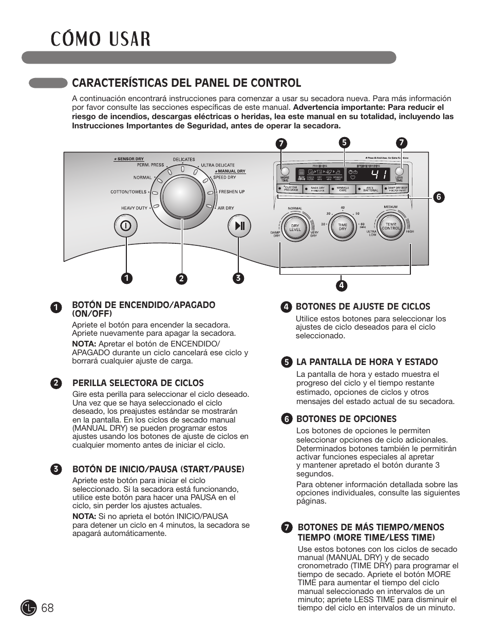 Características del panel de control | LG DLG2302W User Manual | Page 68 / 124