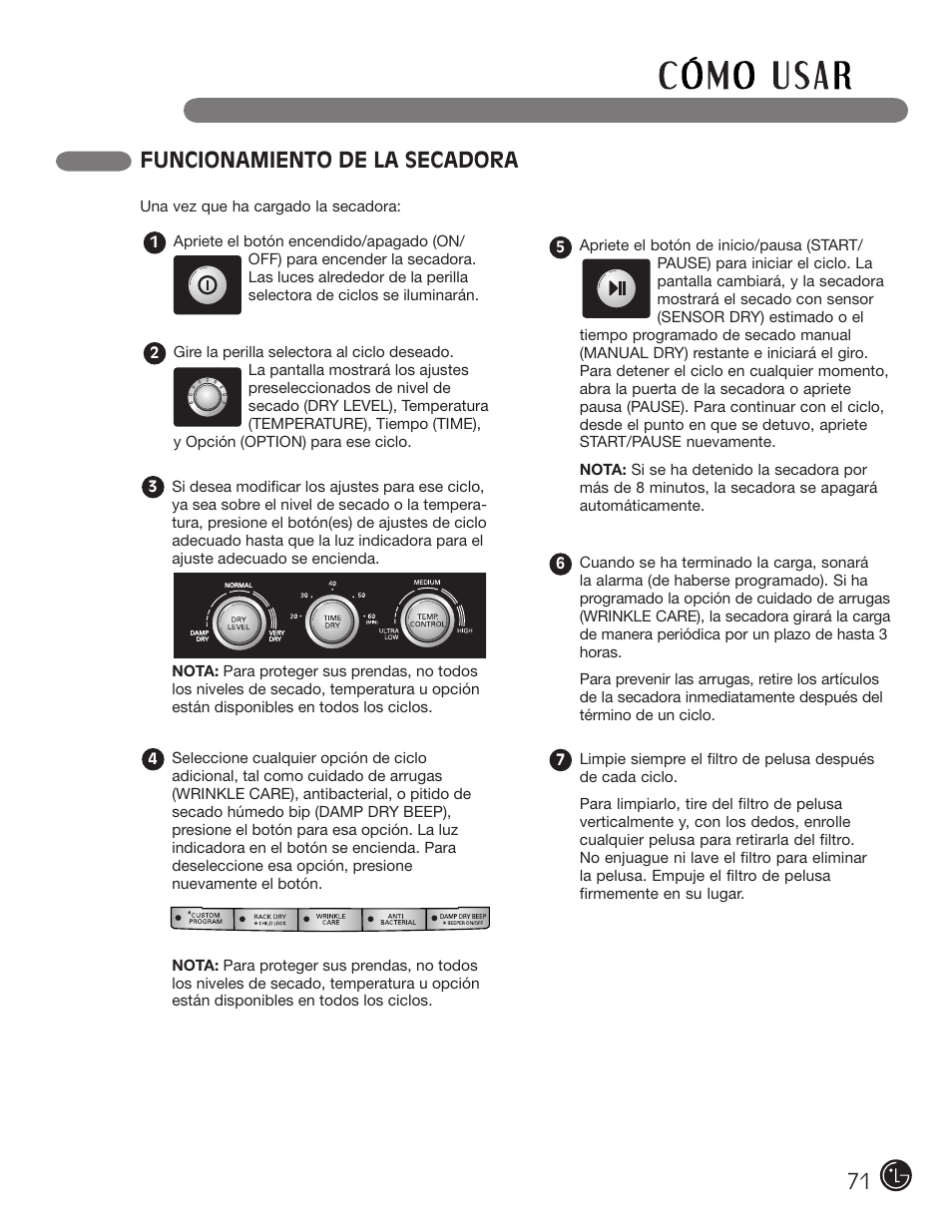 Funcionamiento de la secadora | LG DLG2302W User Manual | Page 71 / 124