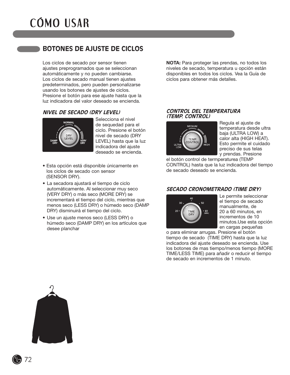 Botones de ajuste de ciclos | LG DLG2302W User Manual | Page 72 / 124