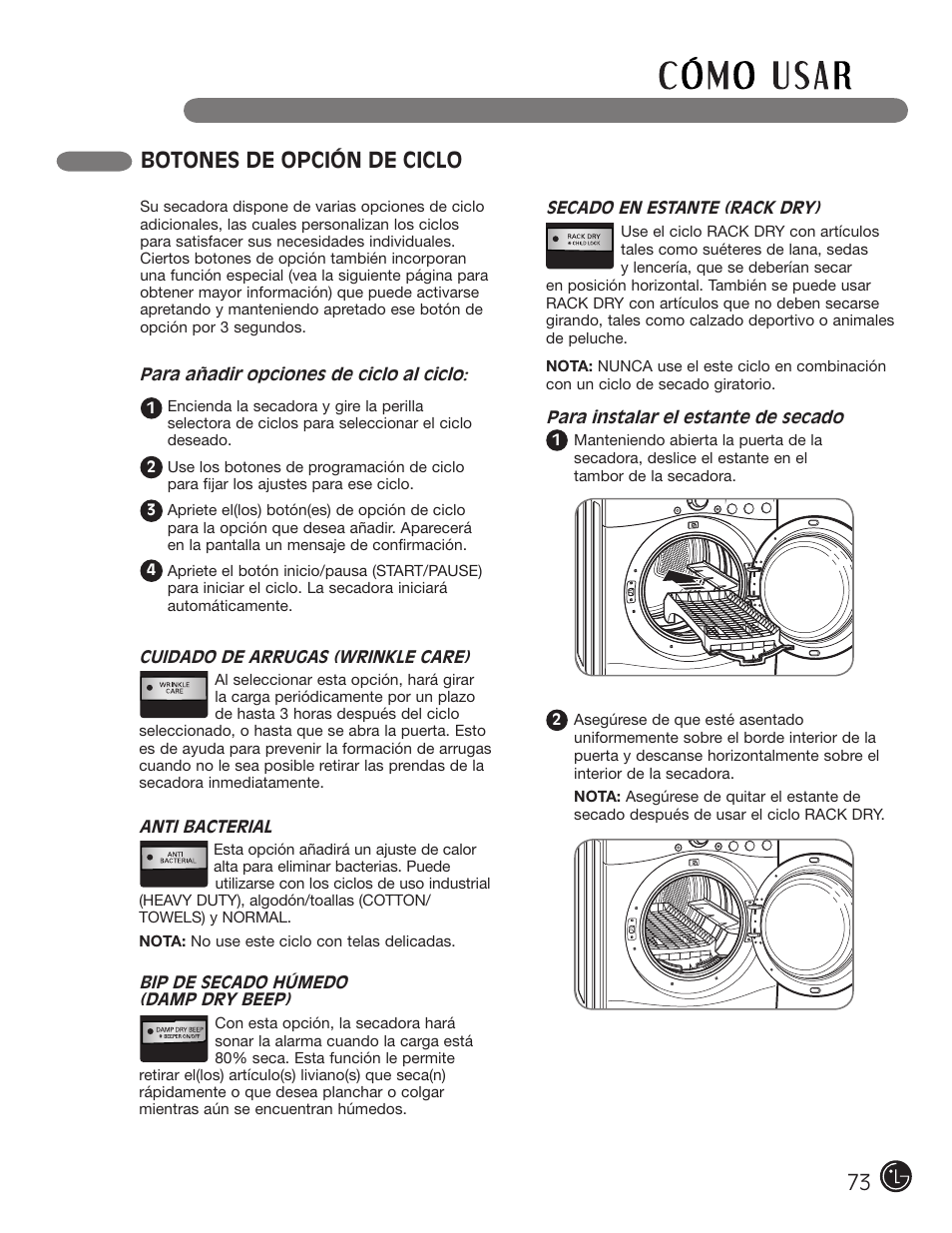 Botones de opción de ciclo | LG DLG2302W User Manual | Page 73 / 124