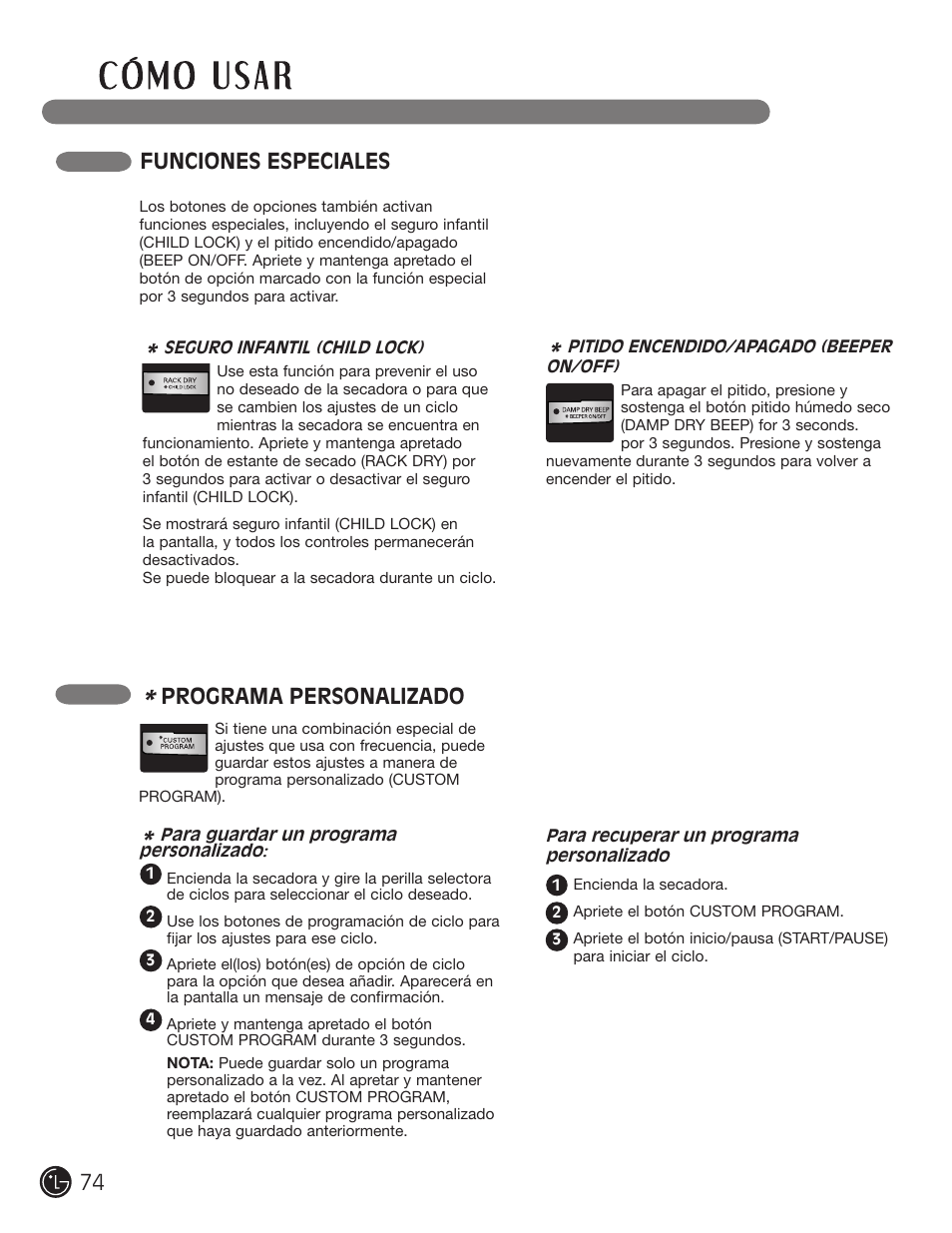 Funciones especiales, Programa personalizado | LG DLG2302W User Manual | Page 74 / 124
