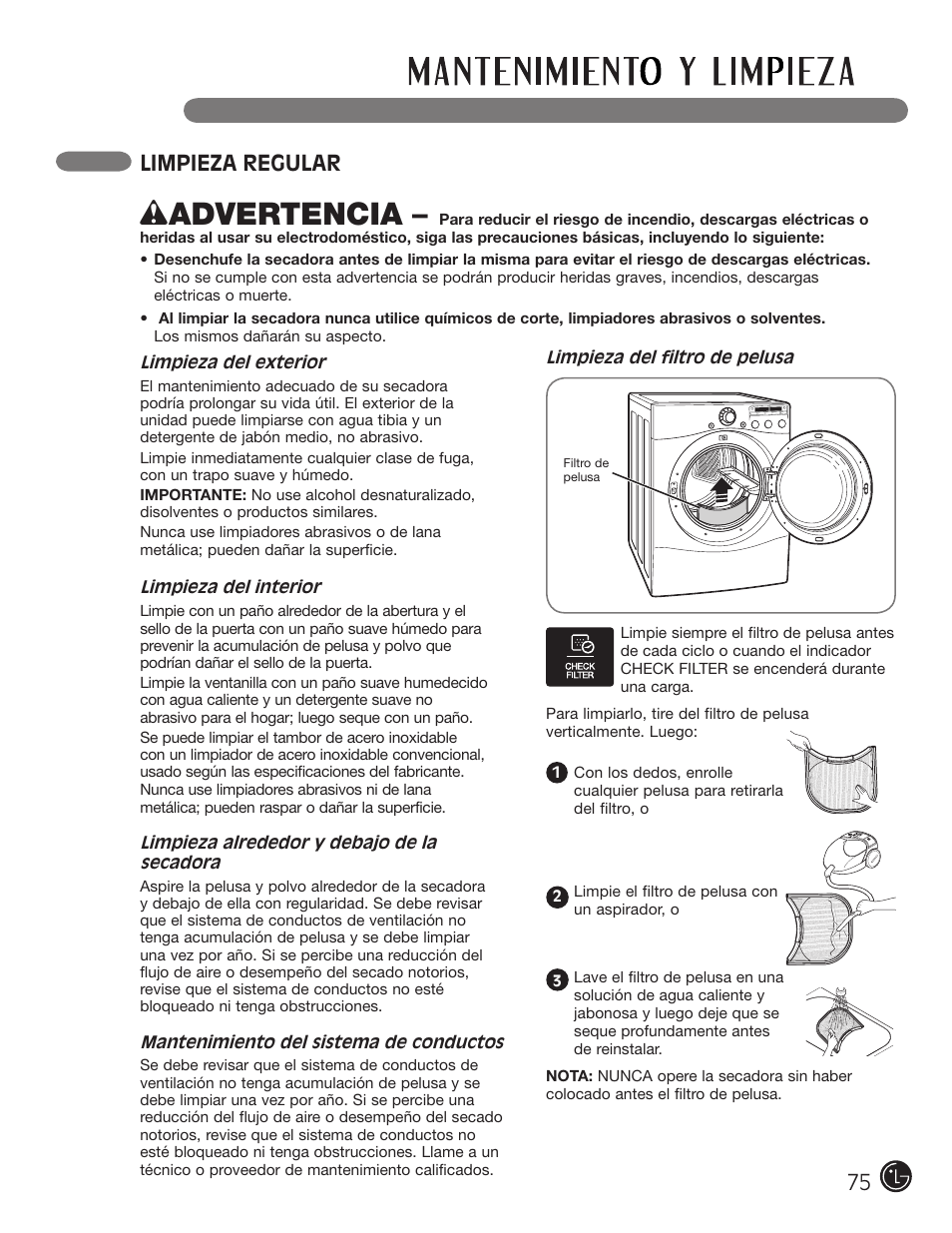 Wadvertencia, Limpieza regular | LG DLG2302W User Manual | Page 75 / 124