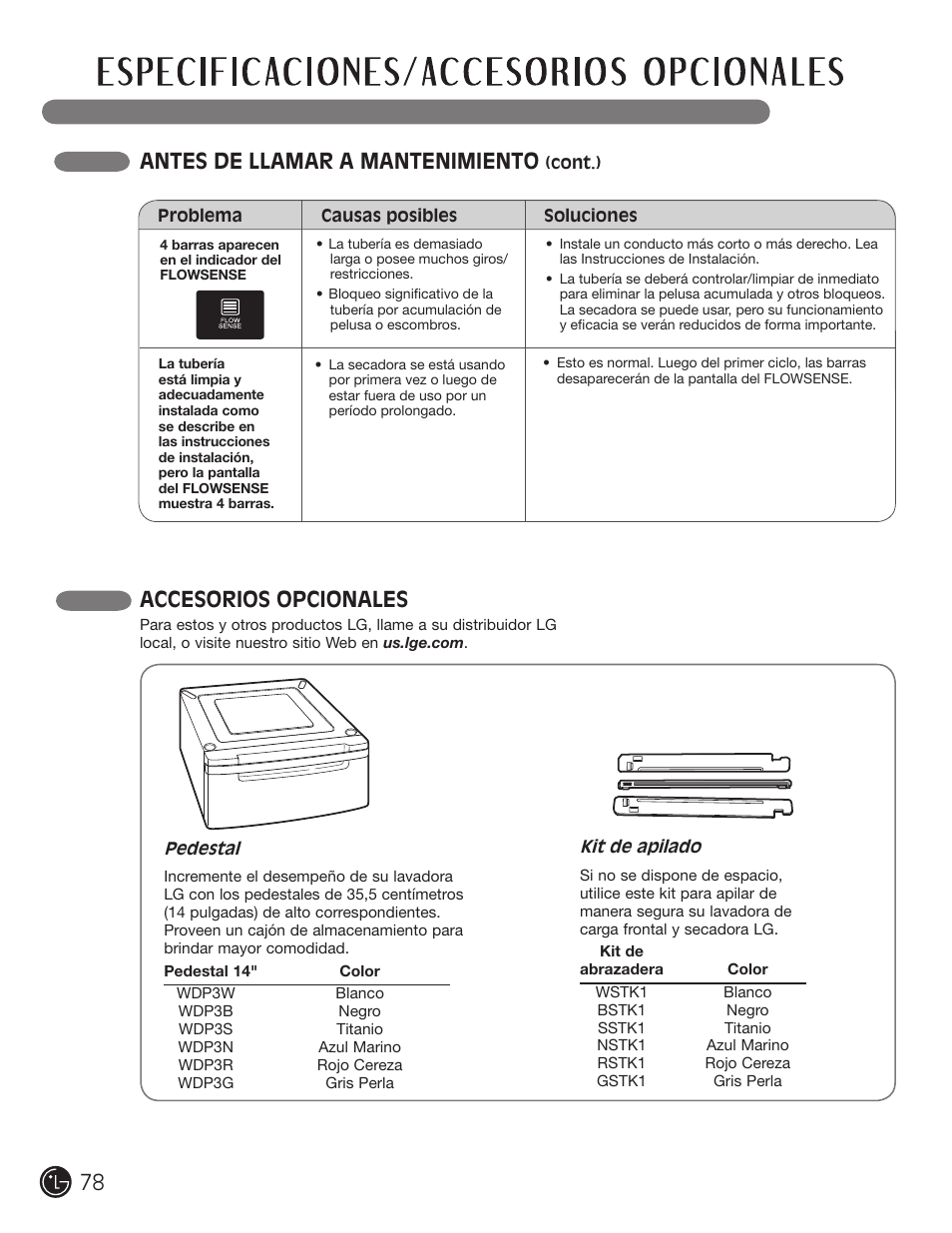 Accesorios opcionales, Antes de llamar a mantenimiento | LG DLG2302W User Manual | Page 78 / 124