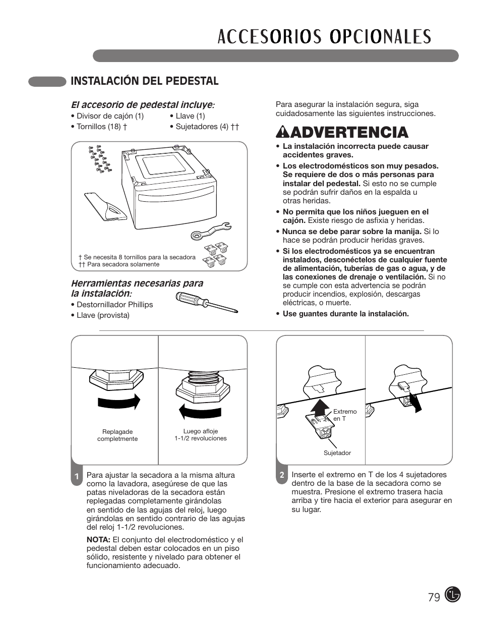 Wadvertencia, Instalación del pedestal | LG DLG2302W User Manual | Page 79 / 124