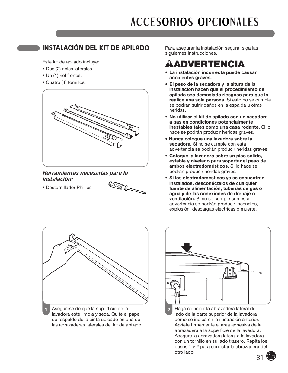 Wadvertencia, Instalación del kit de apilado | LG DLG2302W User Manual | Page 81 / 124