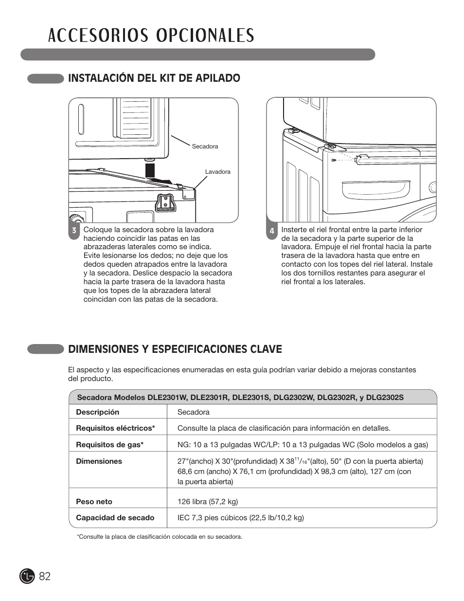 Instalación del kit de apilado, Dimensiones y especificaciones clave | LG DLG2302W User Manual | Page 82 / 124