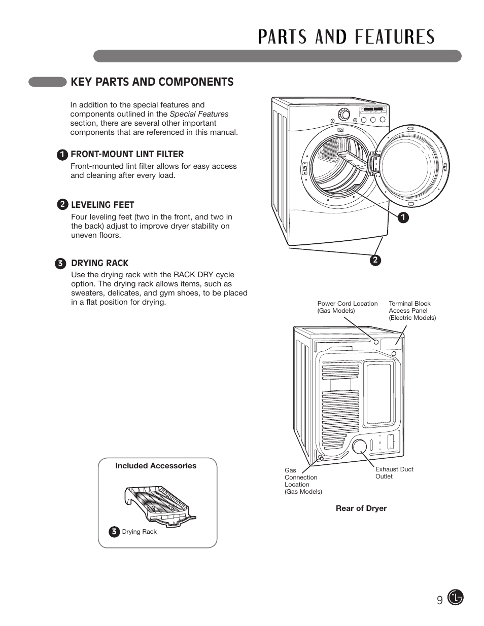 Key parts and components | LG DLG2302W User Manual | Page 9 / 124