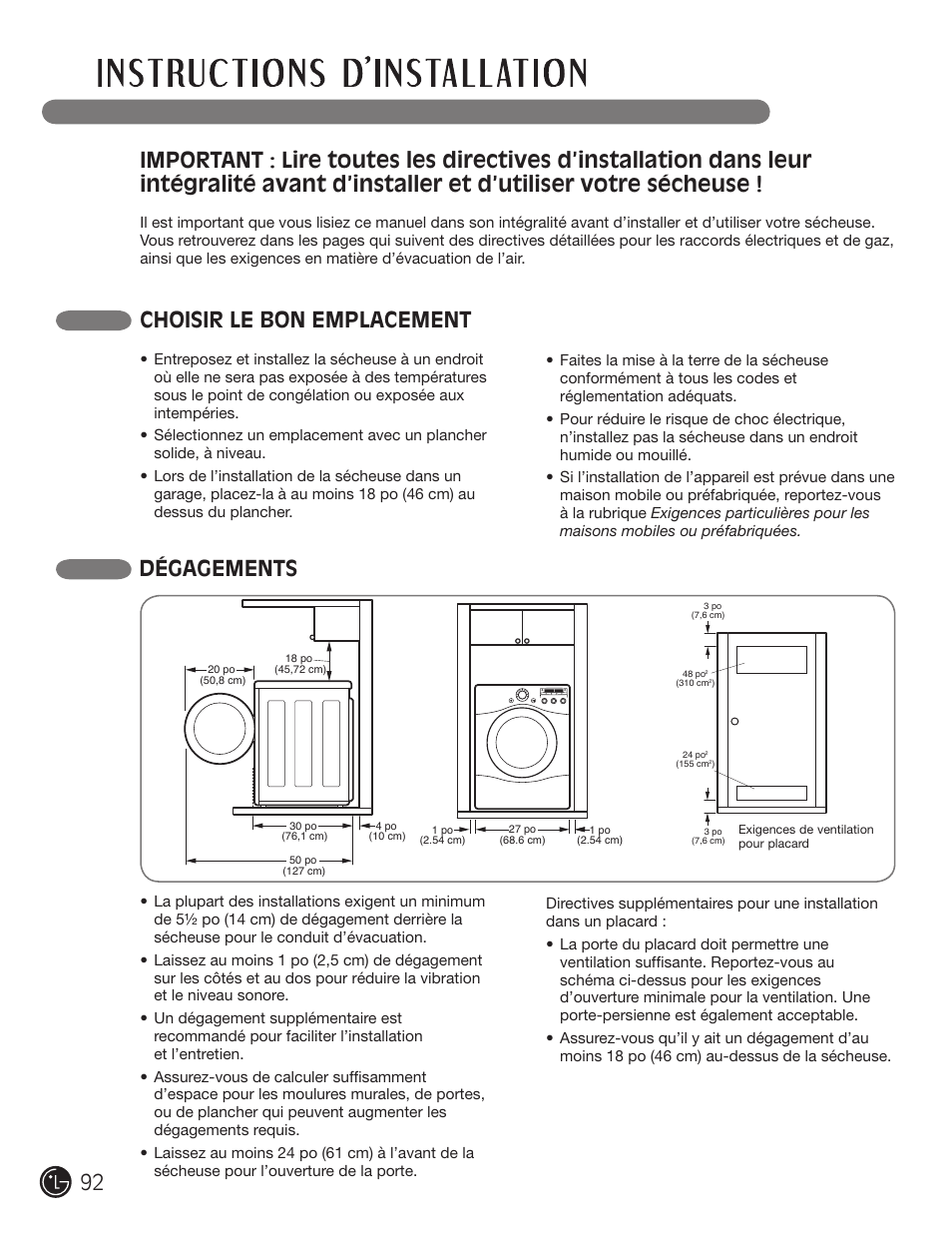 Choisir le bon emplacement, Dégagements | LG DLG2302W User Manual | Page 92 / 124