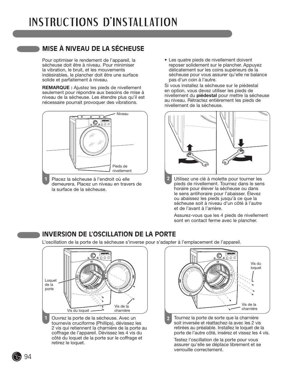 Mise à niveau de la sécheuse, Inversion de l’oscillation de la porte | LG DLG2302W User Manual | Page 94 / 124
