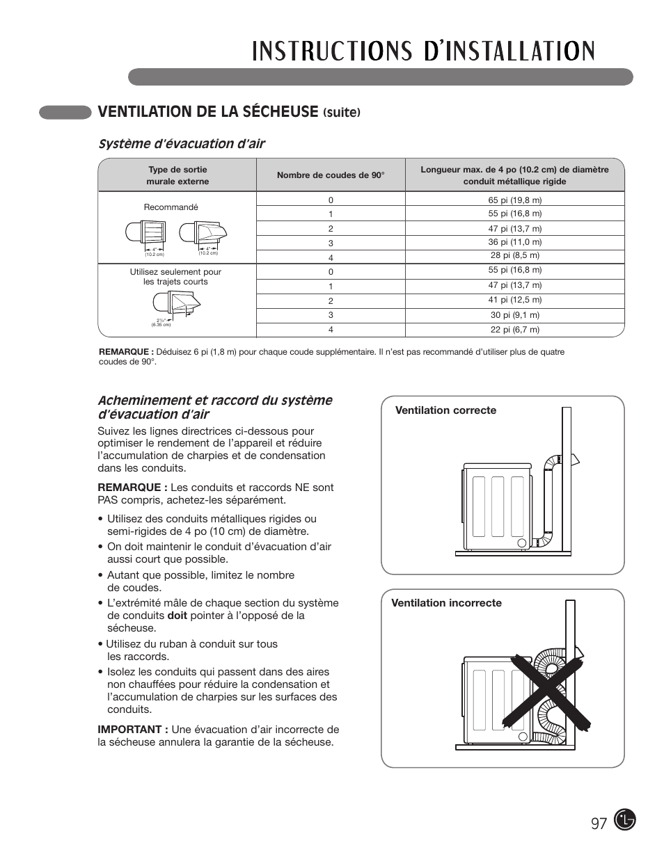 Ventilation de la sécheuse, Suite), Système d’évacuation d’air | LG DLG2302W User Manual | Page 97 / 124