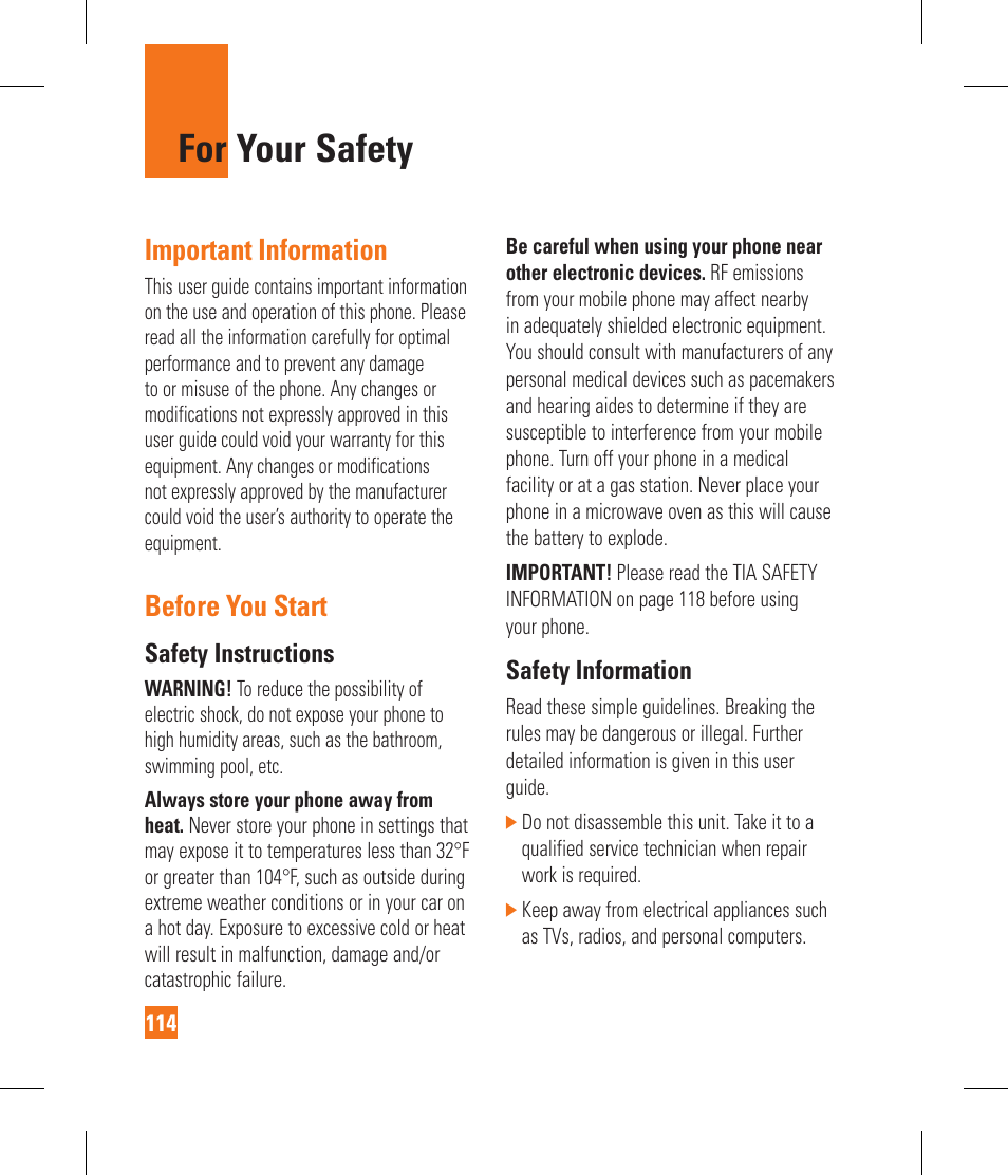 For your safety, Important information, Before you start | LG GR500 User Manual | Page 118 / 298