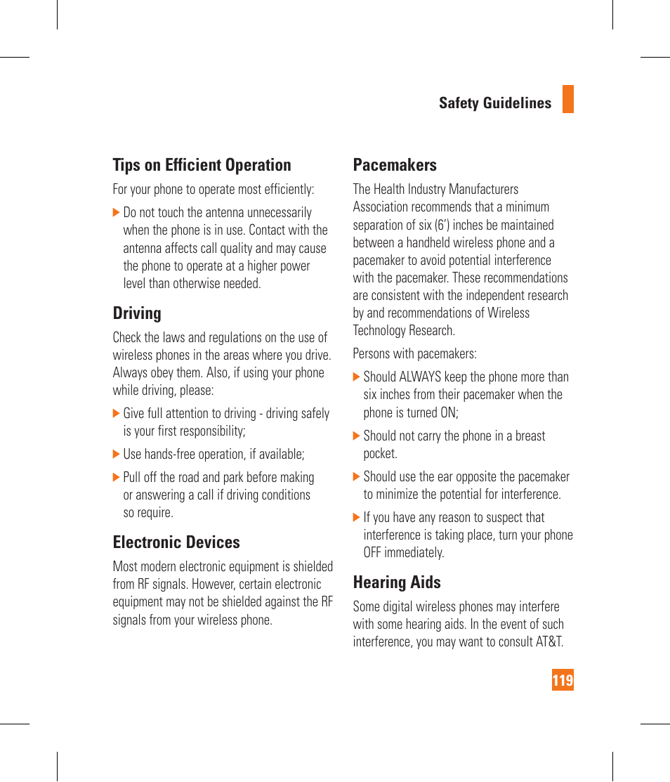 Tips on efficient operation, Driving, Electronic devices | Pacemakers, Hearing aids | LG GR500 User Manual | Page 123 / 298