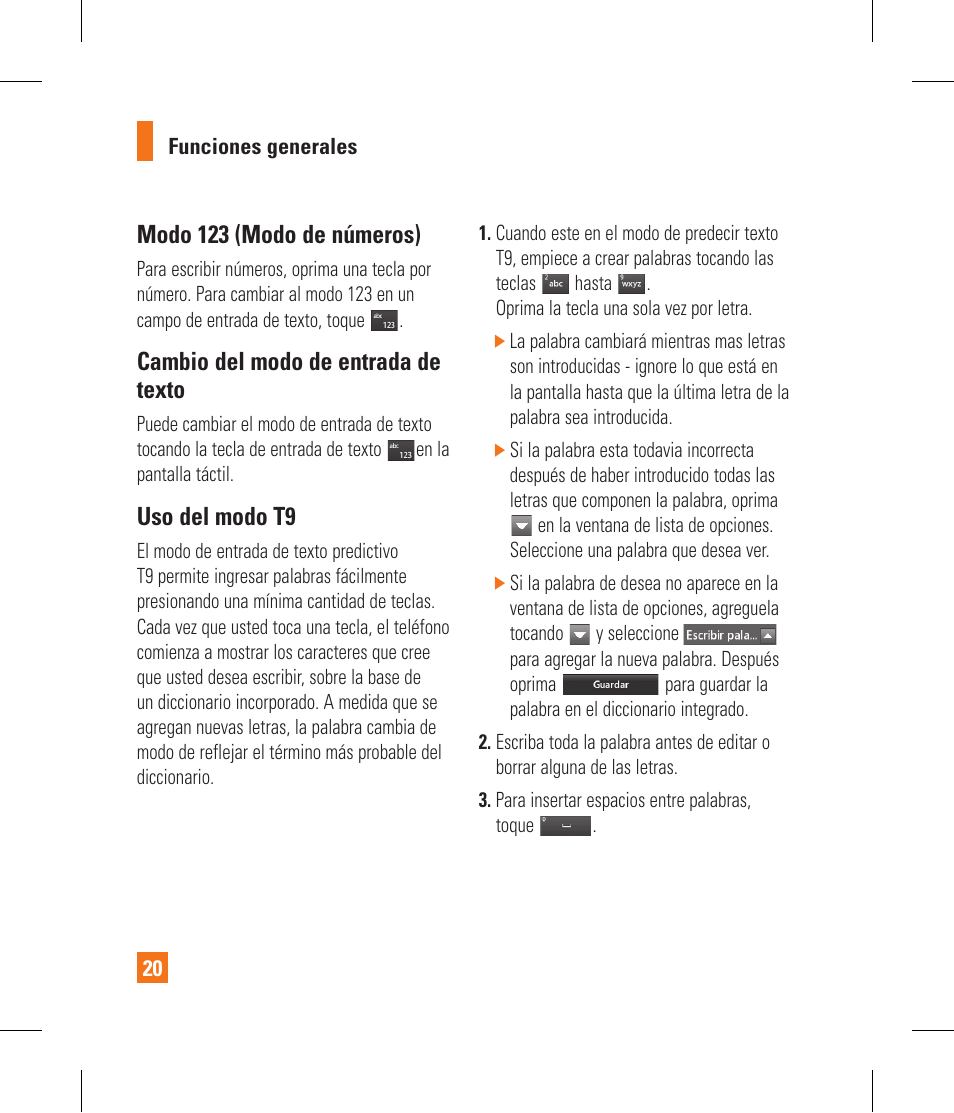 Modo 123 (modo de números), Cambio del modo de entrada de texto, Uso del modo t9 | LG GR500 User Manual | Page 168 / 298