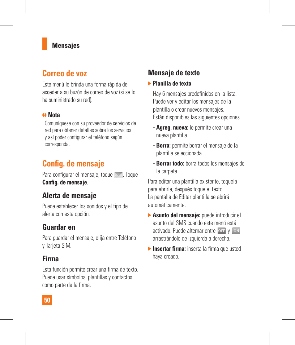 Correo de voz, Confi g. de mensaje, Alerta de mensaje | Guardar en, Firma, Mensaje de texto | LG GR500 User Manual | Page 198 / 298