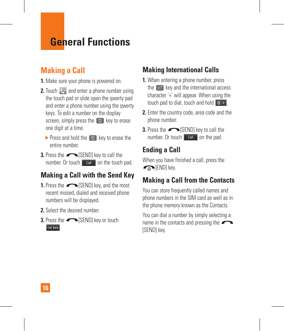 General functions, Making a call, Making a call with the send key | Making international calls, Ending a call, Making a call from the contacts | LG GR500 User Manual | Page 20 / 298