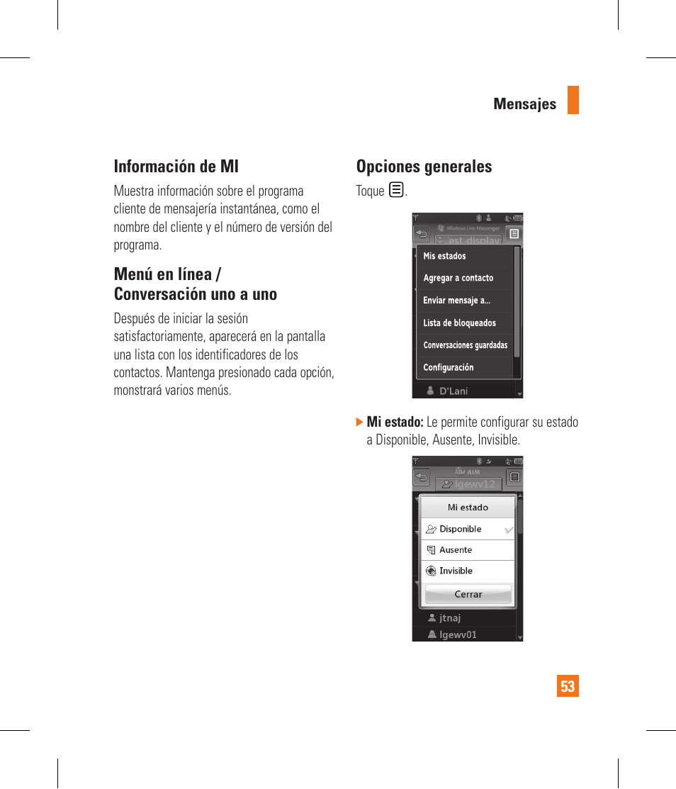 Información de mi, Menú en línea / conversación uno a uno, Opciones generales | LG GR500 User Manual | Page 201 / 298