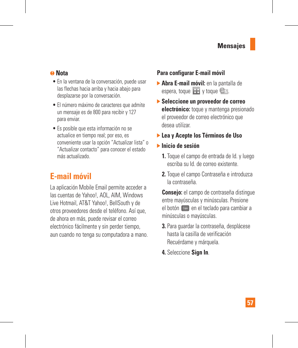 E-mail móvil | LG GR500 User Manual | Page 205 / 298