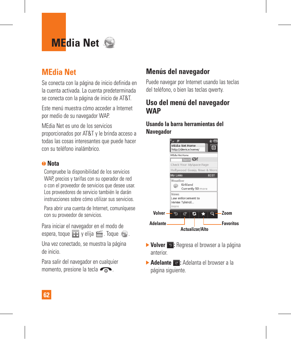 Media net, Menús del navegador, Uso del menú del navegador wap | LG GR500 User Manual | Page 210 / 298