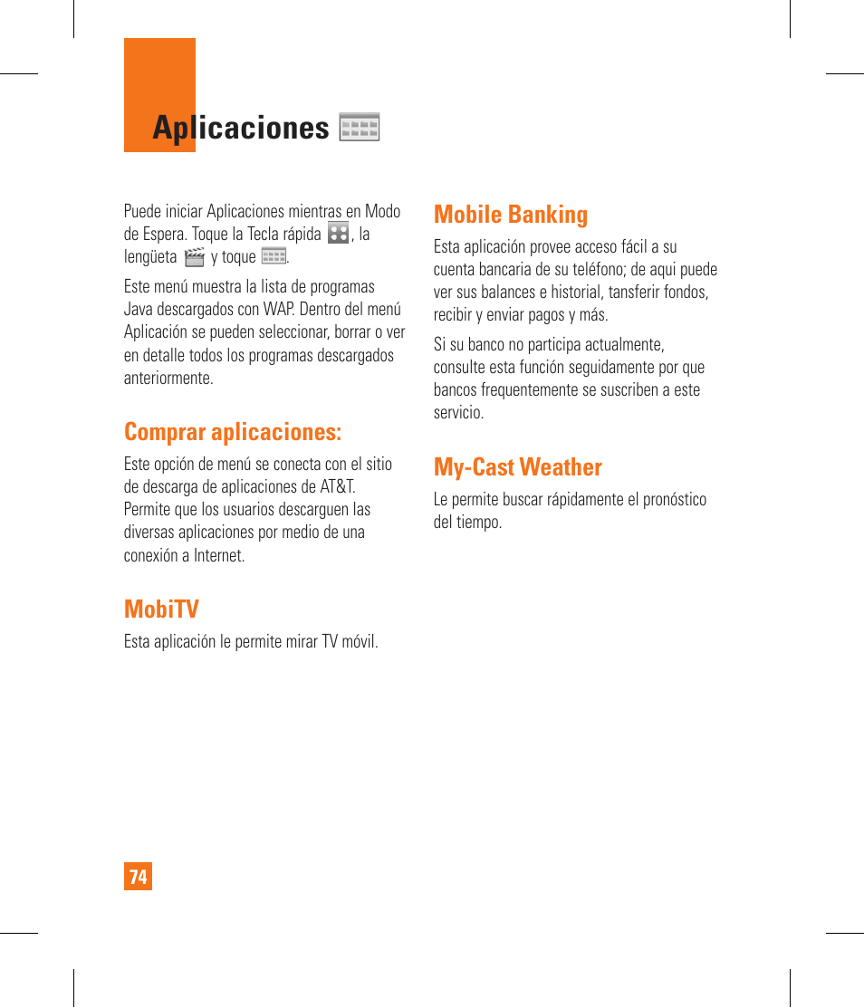 Aplicaciones, Comprar aplicaciones, Mobitv | Mobile banking, My-cast weather | LG GR500 User Manual | Page 222 / 298