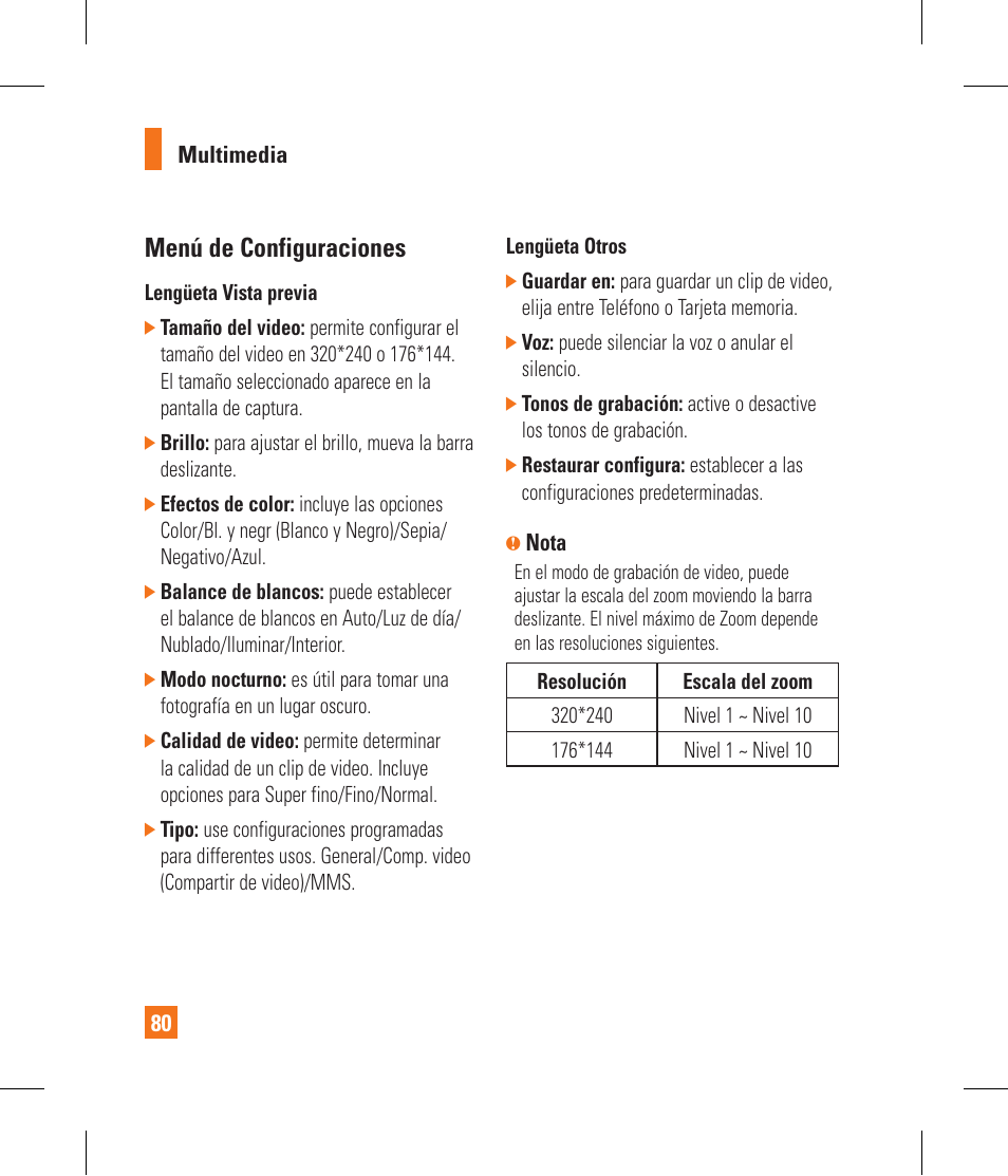 Menú de configuraciones | LG GR500 User Manual | Page 228 / 298