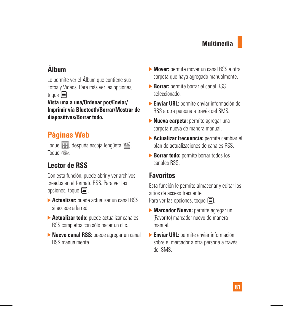 Páginas web, Álbum, Lector de rss | Favoritos | LG GR500 User Manual | Page 229 / 298