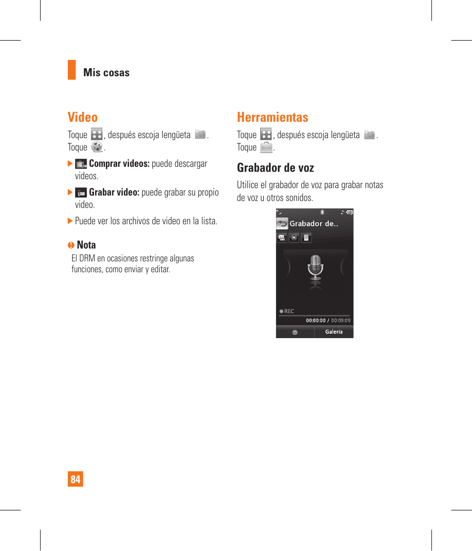 Video, Herramientas, Grabador de voz | LG GR500 User Manual | Page 232 / 298