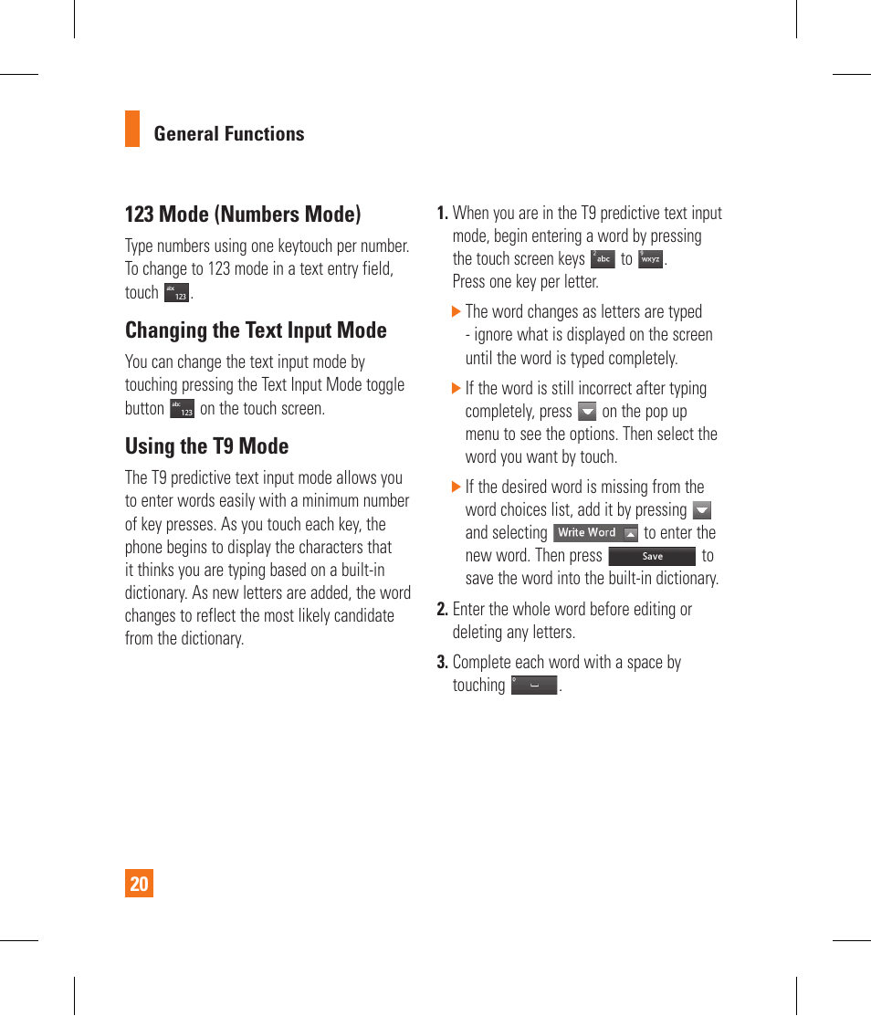 123 mode (numbers mode), Changing the text input mode, Using the t9 mode | LG GR500 User Manual | Page 24 / 298